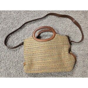 Vintage Fossil Multicolor Straw Hand Carry Purse Leather Strap Shoulder Bag
